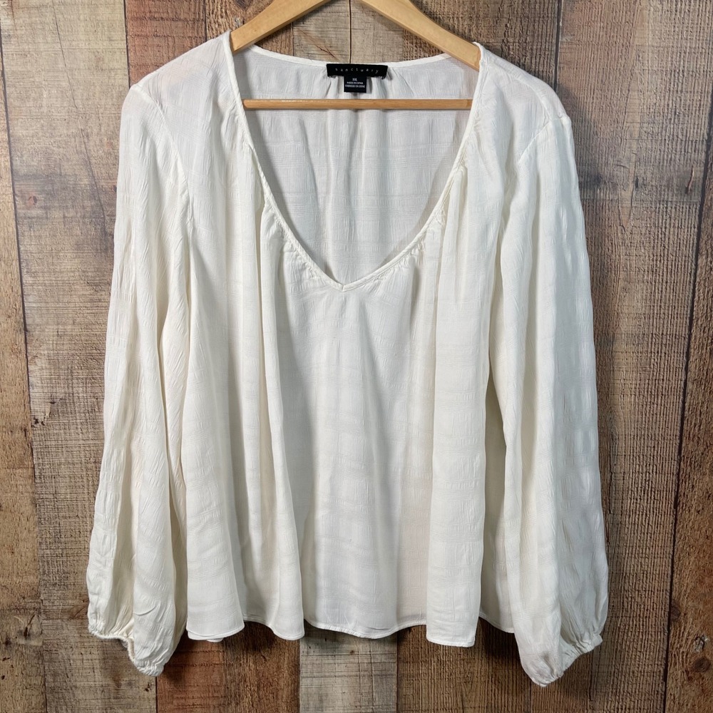 Sanctuary White Textured Rayon V-Neck Balloon Sleeve Blouse XXL Oversized Boho